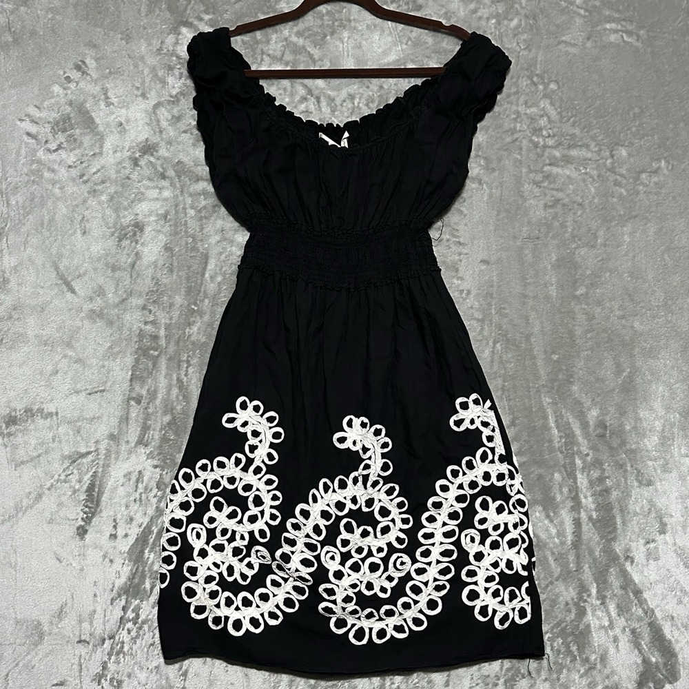 Max Studio Milkmaid Midi Dress Womens L Black Dark Cottagecore Smocked Textured